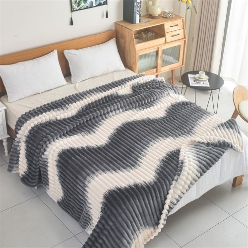 Κουβέρτα Flannel Ριγέ Βελούδινη Δίχρωμη Σκούρο Γκρι-Εκρού